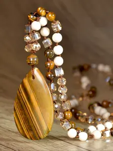 108 Beads Water Drop Tiger Eye Stone Necklace, Handmade Natural Stone Beaded Long Chain, Vintage Personalized Pendant, Couple New Year Gift, Gemstone Necklace