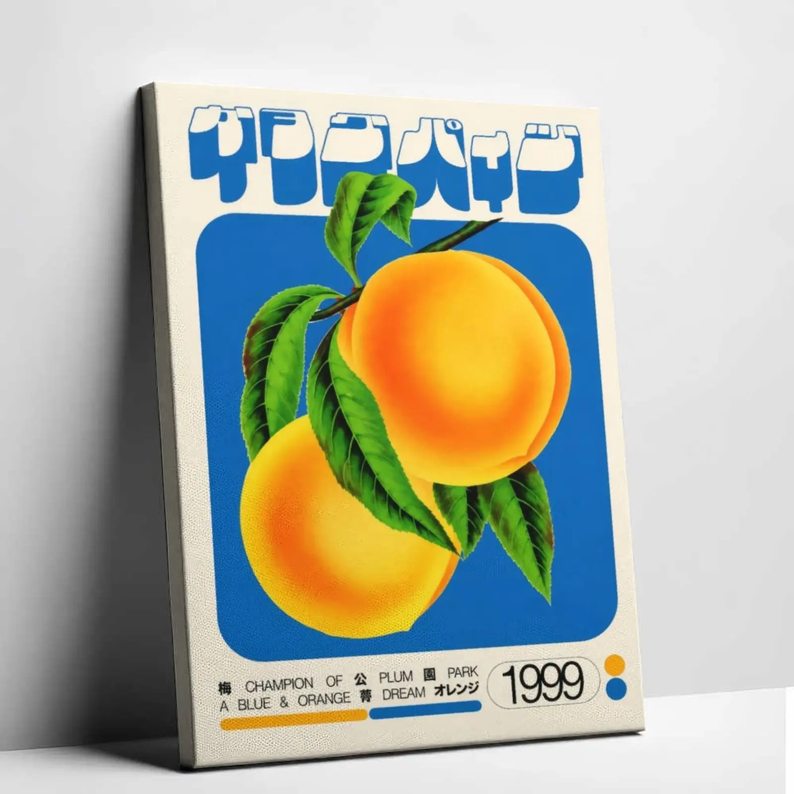 Retro Japanese Peach Poster, Blue and Orange Fruit Canvas Print, Vintage Kitchen Wall Art for Dining Room, Cafe and Apartment Decor