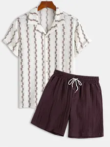 Men's Stretch Knit Jacquard Short Sleeve Shirt & Linen Blend Shorts Set, 2 Piece Breathable Casual Summer for Beach Daily Vacation Summer Clothes Set