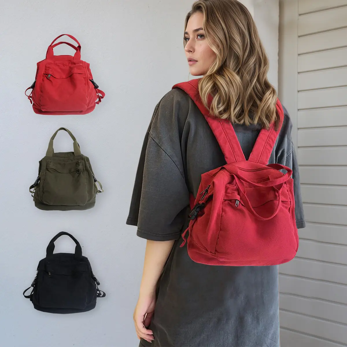 Women's Vintage Solid Color Canvas Backpack - Lightweight Casual Daily Work Backpack with Double Top Handles, Multi-Zipper Pockets & Compartments for School, Travel, Daily Backpack