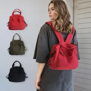 Women's Trendy Solid Color Canvas Backpacks Multi Zipper Pockets Rucksack with Double Top - handle for Commuting and School