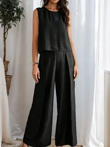 Two-piece women's black round neck sleeveless top wide-leg loose casual trousers suit, Casual Fashion Set, suitable for summer, suitable for daily commuting, home use, Casual Lounge Set