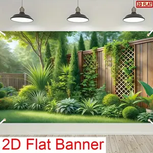 2D Flat Garden Background Banner, Yard Sign Banner with Wooden Fence and Climbing Plants - Multiple Sizes Polyester Decoration, Suitable for Living Room, Bedroom, Office, Outdoor Parties and Holiday Gifts, No Electricity Needed