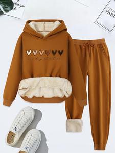 women's heart & letter print hoodie & drawstring waist pants thermal lined two-piece set, casual long sleeve hooded sweatshirt & pocket trousers for fall & winter, ladies clothes for daily wear & valentine's day gift, womenswear, two piece set women