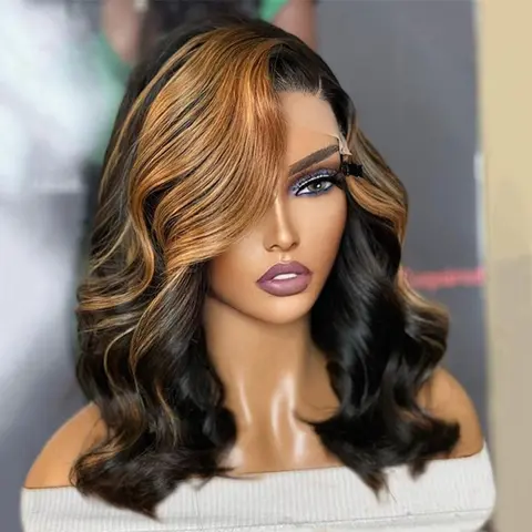 Blonde Highlight Short Body Wave Lace Front Wigs Blonde Highlight In Front 180 Density Human Hair Pre Plucked with Baby Hair 1B/30 Body Wave Bob Wig Human Hair 13x4 Short Body Wave Highlight Lace Front Bob Wig For Women