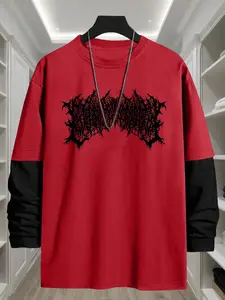 Men's Letter Print Contrast Trim Long Sleeve Tee, Casual Street Wear Loose Round Neck T-shirt for Daily Wear, Men's Top for All Seasons, Tropical