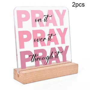 Pray Over It Letter Pattern Acrylic Desk Sign with Wooden Stand, 2 Counts/set Inspirational Bible Verse Desk Sign, Christian Gifts for Coworkers Colleague