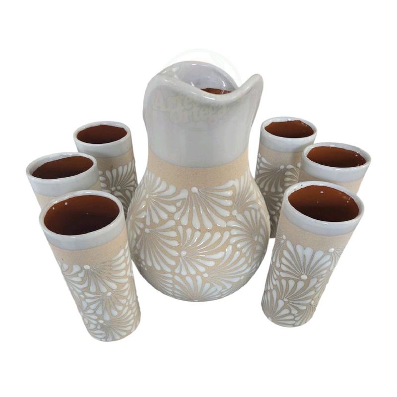 Clay Jug With 6 Cups Jarra De Engobe Con 6 Vasos Featuring Unique Floral Design and Ceramic Craftsmanship  Drinkware Handmade Mexican