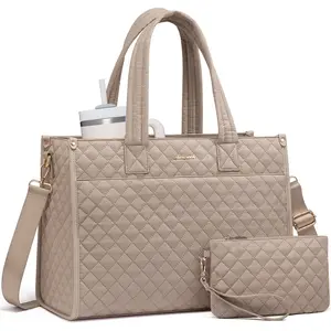 【NEW IN】LOVEVOOK 15.6-inch Laptop Bag for Women, Large Capacity Quilted Work Tote Bag, Fashionable Multi-Pocket Briefcase, Lightweight Shoulder Travel Bag, Adjustable and Removable Shoulder Strap, Comes with Independent Small Bag, Best Gift