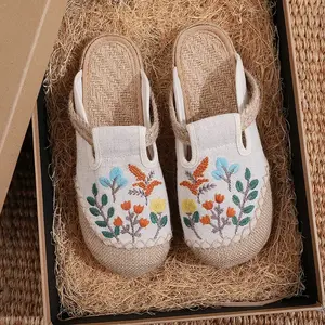 Embroidered Shoes, Mules, Slip-on Loafers, Round-toe Closed-front Half-slippers, Vintage Embroidered Cloth Shoes, Chinese-style Slippers, Women Shoes