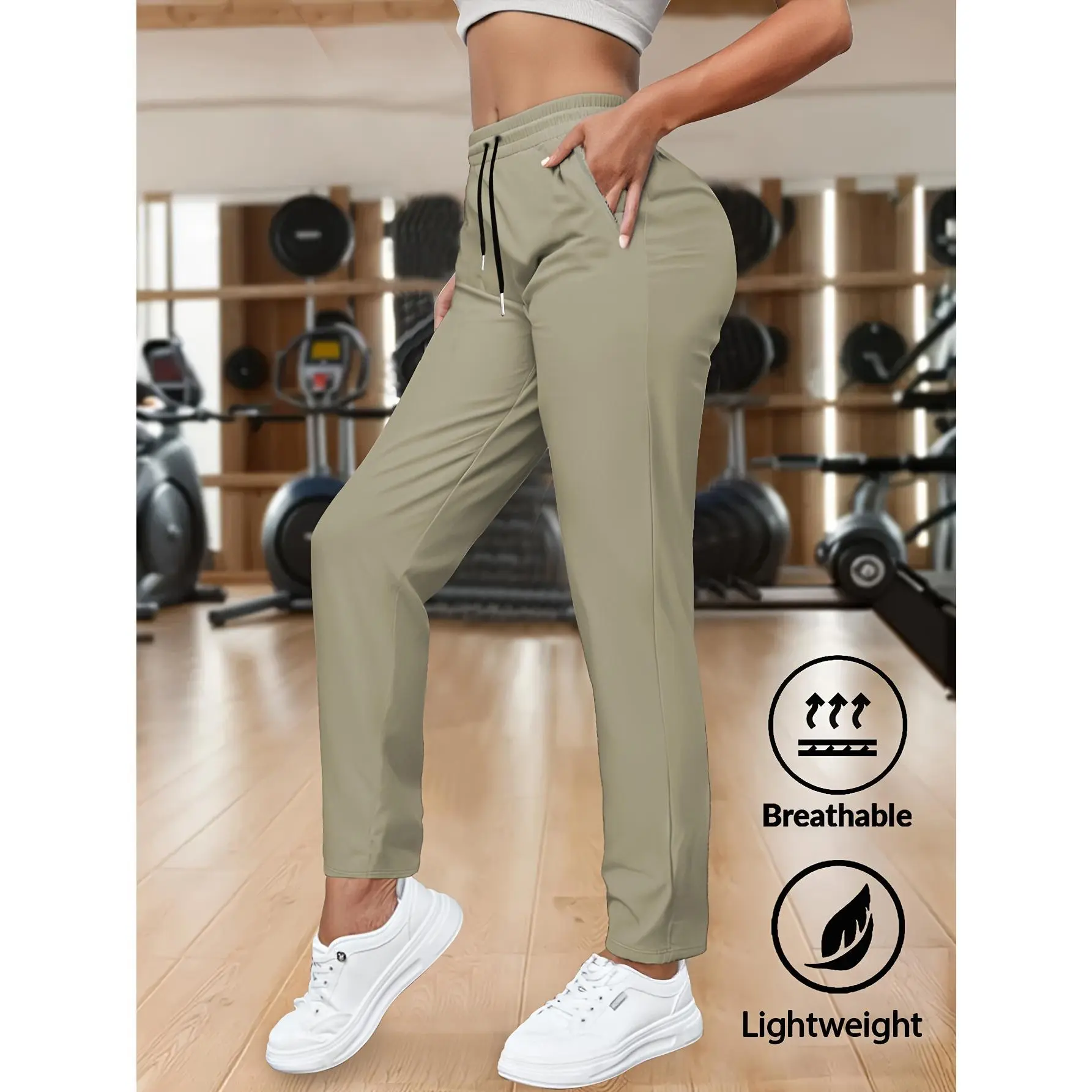 Women's lightweight breathable drawstring elastic waist casual sports pants Multi pocket straight leg fitness commuting pants Multi color versatile loose slimming outdoor running sweatpants