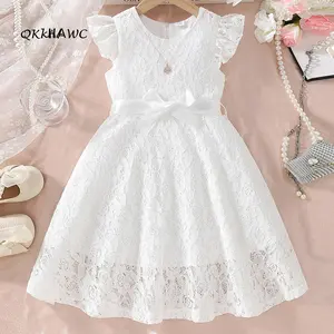 Kids Girls Dress Lace Fly Sleeve Round Neck Casual Dress Toddler Fashion Summer Dress with Belt