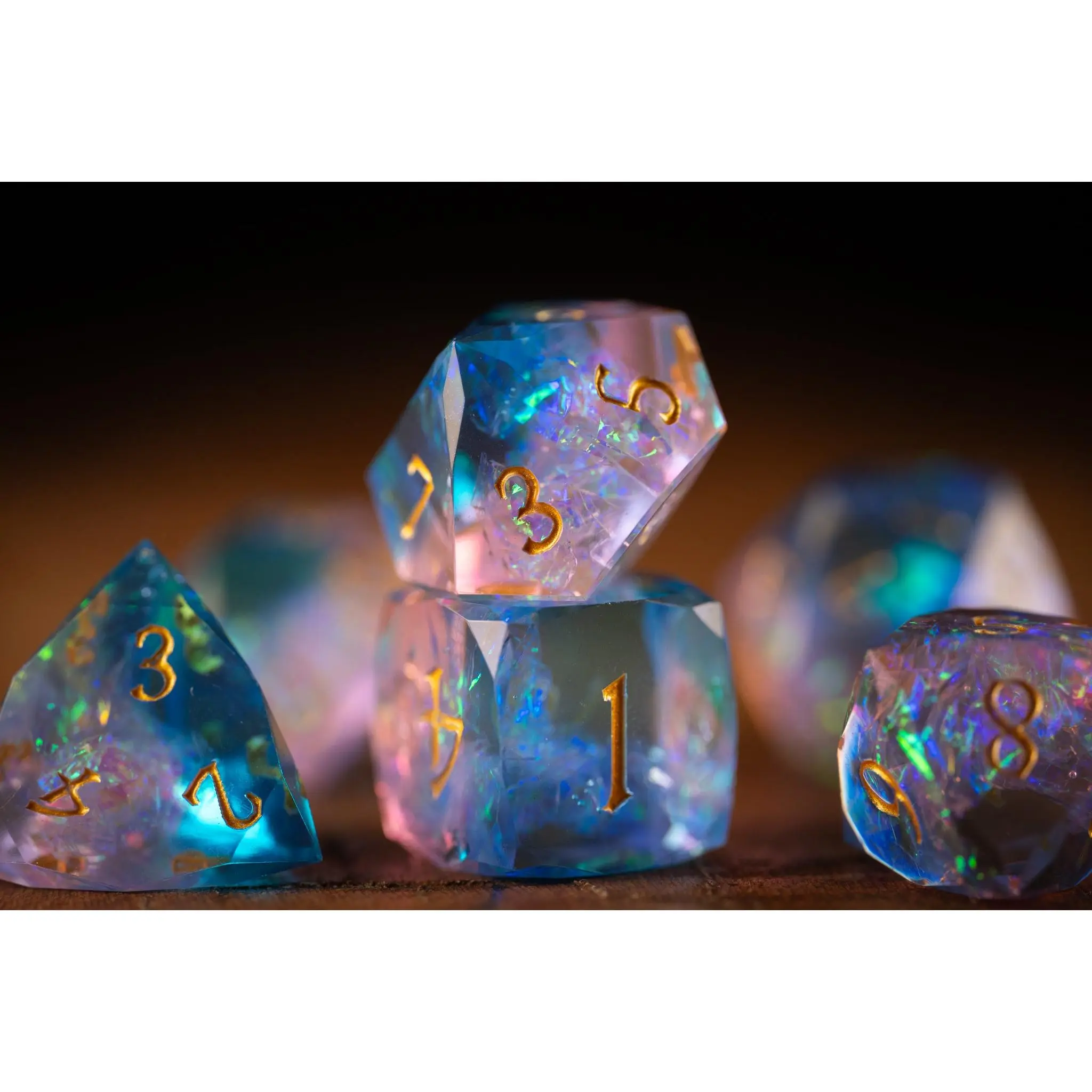 Cosmic Bloom Diamond Cut Resin Dice Set – Sharp Edge DND, Polyhedral RPG