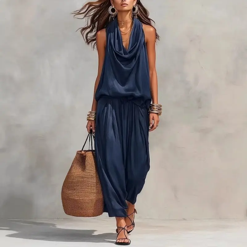 Sleeveless Halter Neck Wide Leg Overall Jumpsuit for Women, Casual One-Piece Suit Romper for Daily Summer Streetwear Vacation Outfit, one-piece wonder effortless chic streamlined style modern cut