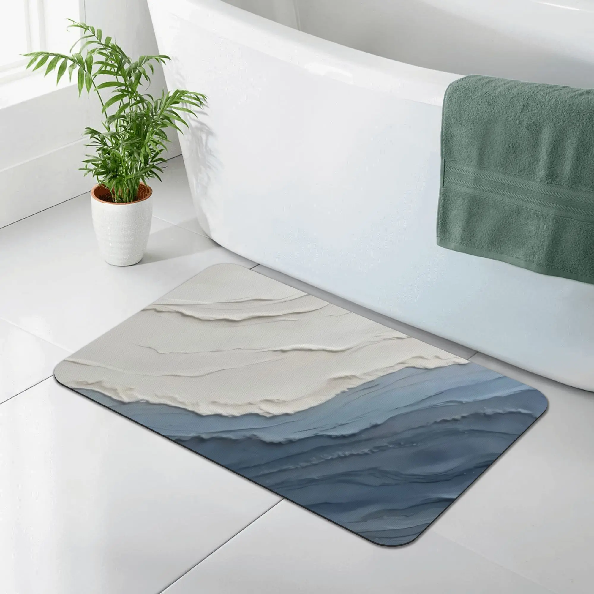Ocean Waves Diatomaceous Earth Bath Mat, Abstract Blue White Quick Dry Stone Mat, Non Slip Absorbent Doormat for Bathroom, Entryway Print 40X60Cm(15.8*23.6In)