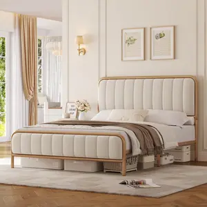 [No mattress] HOSTACK Bed Frame with Button Tufted Headboard, Upholstered Heavy Duty Metal Mattress Foundation with Wooden Slats, Easy Assembly, No Box Spring Needed