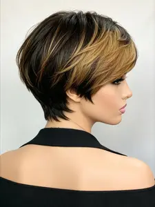 6 Inch Honey Blonde Ombre Short Pixie Cut Wig Brazilian Virgin Human Hair 1B/27 Color Layered Straight Glueless Full Machine Made Wig With Bangs Natural Soft Easy Wear Fashion Daily Hairstyle Wigs For Black Women