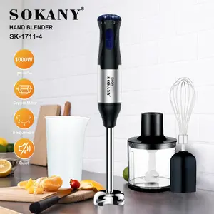 SOKANY 4-in-1 intrusive electric mixer, 1000w high power, 5-speed speed regulation.It contains the host stirring stick, whisk, meat grinder bowl, and grinding cup.It is suitable for beating eggs, stirring meat, making complementary food, and juicing.