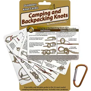 Outdoor Knots Pocket Guide-Waterproof Knot Tying Cards with Mini Carabiner, 22 Rope Knots for Camping, Backpacking, Scouting and Bushcraft