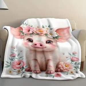 1pc Vintage Floral Pig Print Flannel Throw Blanket - Ultra Soft Cozy All-Season Blanket for Bed Couch Office Camping - Whimsical Holiday Gift 280GSM Polyester Blanket