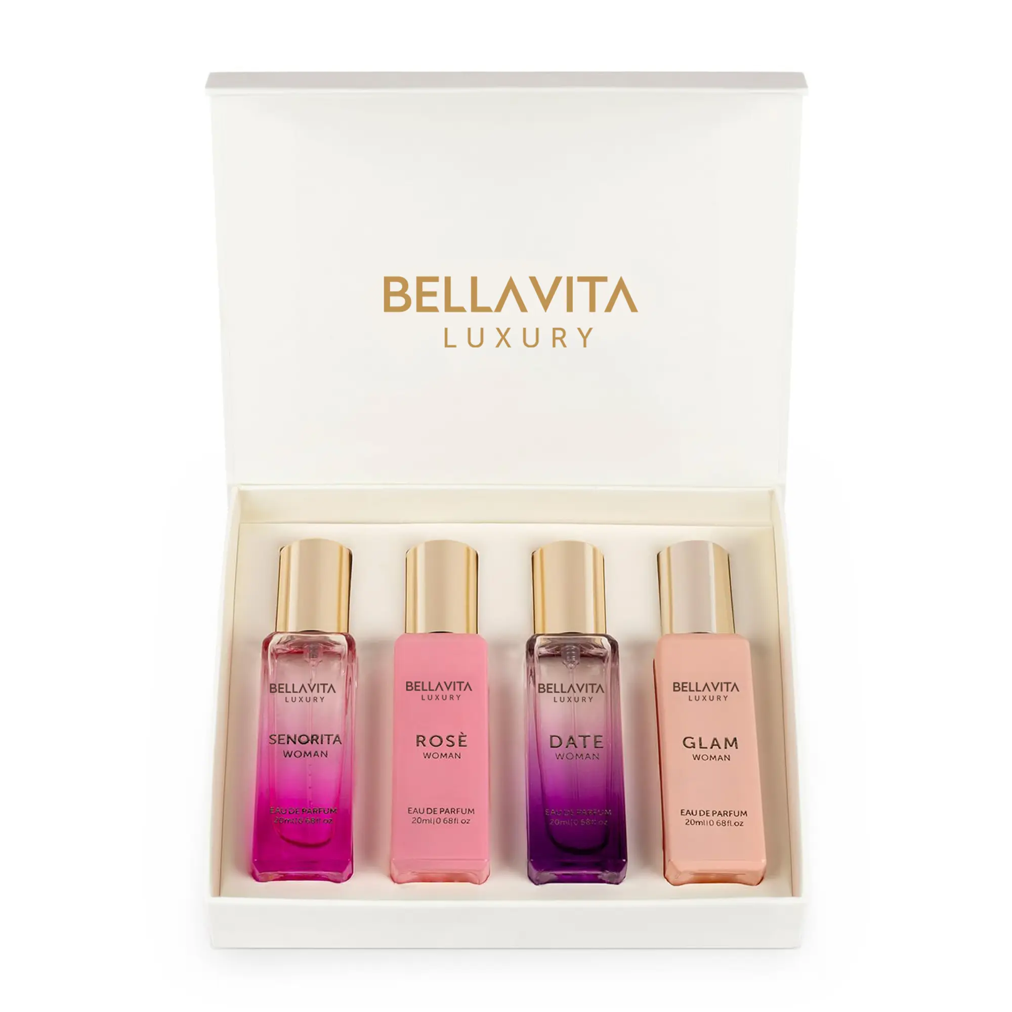 BellaVita Luxury's Perfume Gift Set For Women | 4 Luxury Minis | Long Lasting | Senorita, Rose, Date, Glam | Eau De Parfum | Portable Perfume Kit BellaVita Luxury's Perfume Gift Set For Women | 4 Luxury Minis | Long Lasting | Senorita, Rose, Date, Glam | Eau De Parfum | Portable Perfume Kit