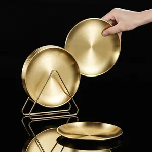 6 Counts Stainless Steel Plate With 1 Count Storage Rack, Round Dinner Plate For Home Kitchen