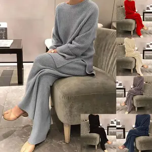 Women's Autumn & Winter Solid-Color Knit Two-Piece Set, Ribbed Knit Sweater & Wide-Leg Pants Co-ord, Soft Comfortable Casual Matching Outfit, Stylish Cozy Daily Wear Knitted Ensemble 3-piece sport outfit