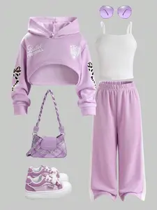 Tomattis 3pcs Young Girl Casual Fashion Versatile Bow, Leopard Print Trendy outfit – hoodie, camisole & trousers