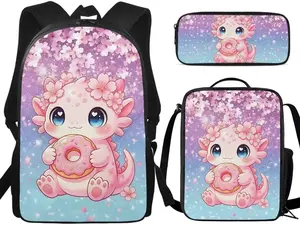 Cute Pink Cherry Blossom Baby Dragon Donut 3PCS Kids Backpack Set, Waterproof Large Capacity School Bag with Insulated Lunch Box & Pencil Pouch, Gradient Purple Blue Starry Sky Kawaii Cartoon Dragon Print Student Bookbag for Girls Elementary Middle School
