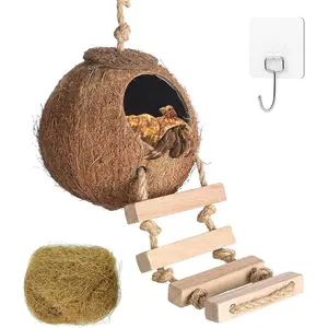 Gecko Tank Accessories, Hermit Crab Toys Coconut Shell Natural Coconut Husk Hut with Climbing Ladder with Suction Cup for Leopard Gecko Snake Reptiles