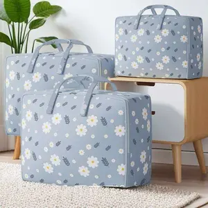 Blue Floral Clothes Storage Bags, Heavy Duty Foldable Totes for Closet Organization, Moving and Travel