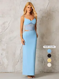 Parthea V-Neck Backless Mesh Dress, Slim-Fitting Holiday Party Gown, Elegant Evening Wear, Solid Pattern, Open Back Design