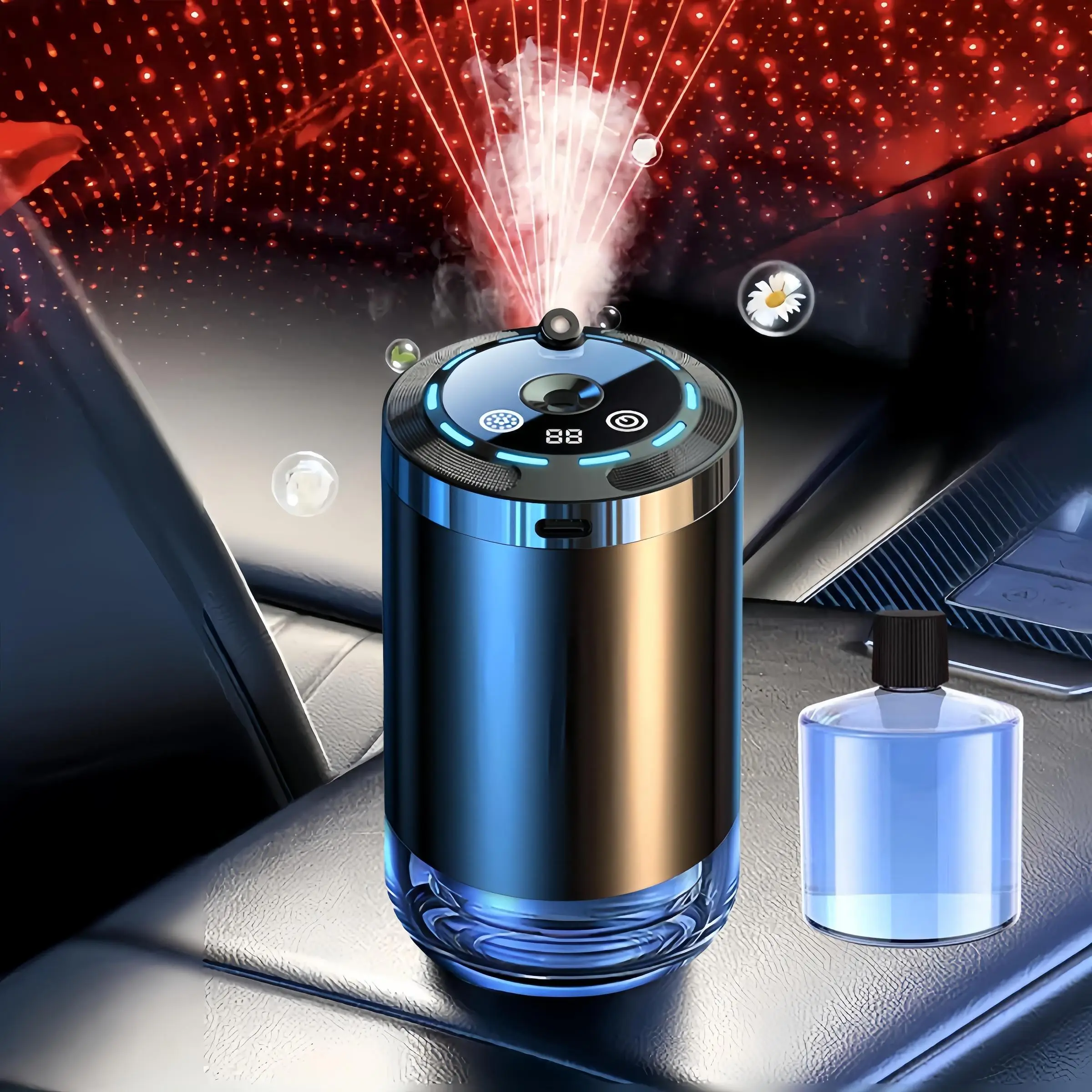 Wireless Mini Car Aromatherapy Machine, Rechargeable Car Air Humidifier with Star Projector Function, 5 Spray Modes Car Aromatherapy Humidifier, Car P