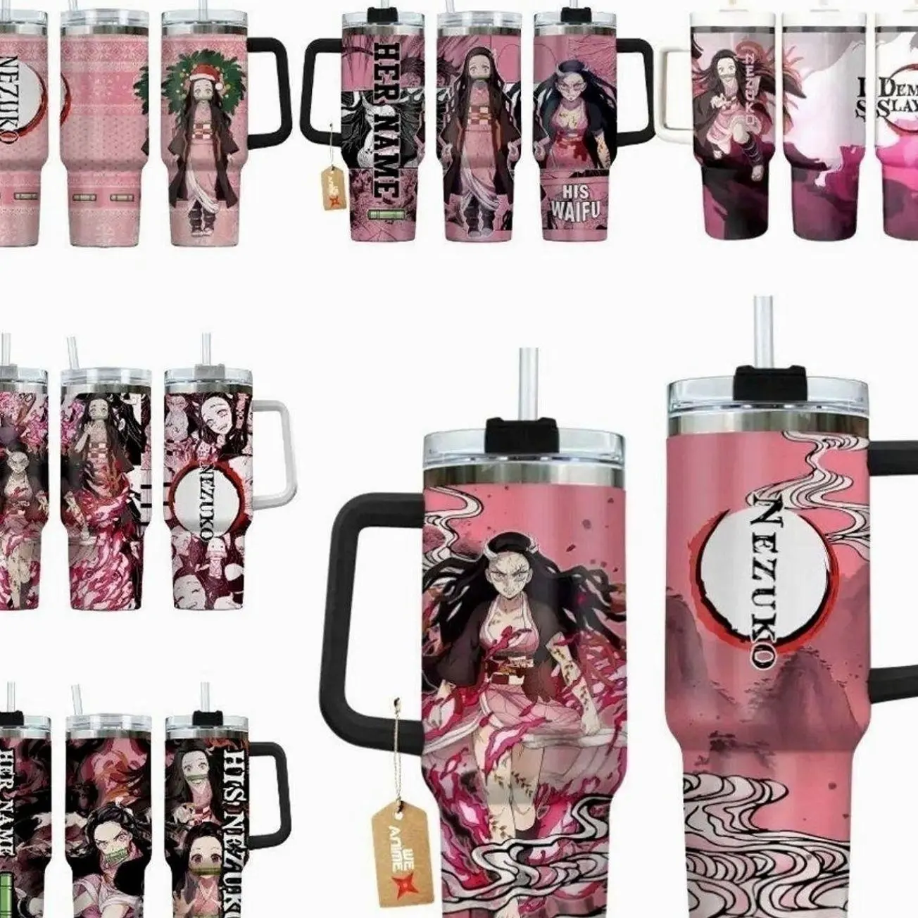 Nezuko Demon Slayer 40oz Pink Floral Anime Aesthetic Tumbler - Insulated Travel Mug with Handle - Pink Kimono Graphic Stainless Steel Cup