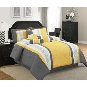 Comforter Bedding Set Grey Yellow Striped with Embroidered Design