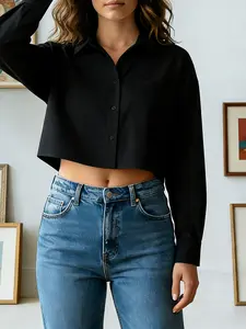 Short Sleeve Shirt, Crop Top, Casual Chic Style, Single Button Design, Loose Fit Shoulder Sleeves, Chest Pocket, Perfect for Daily Wear