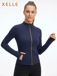 XELLE Women's Slim Fit chain Yoga Jacket ,Soft as butter Naked feeling Breathable Athletic Running Track Jacket with Thumb Holes, High Neck Workout Sports Top for Gym & Fitness