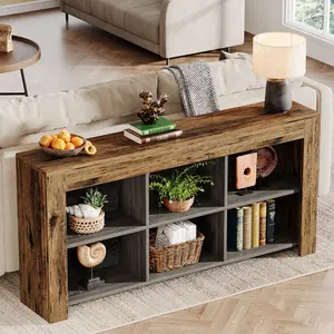 LITTLE TREE Console Table with Storage 63-Inch Narrow Long Sofa Table Entryway Table with 6 Cubes Farmhouse Storage Shelves for Entryway Living Room Natural Wood Grain Design Stable Construction Easy Assembly