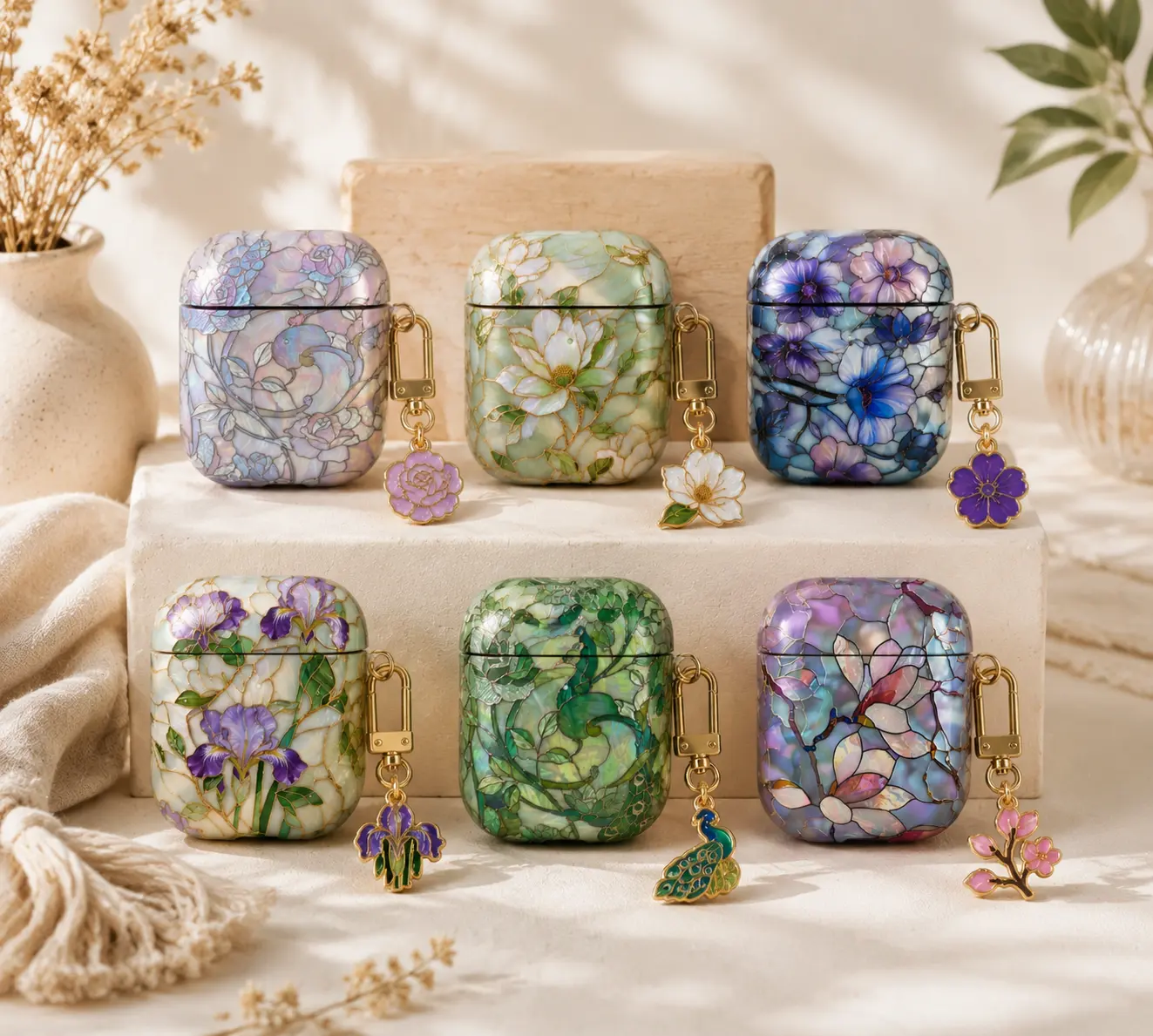 NO KEYCHAIN Personalized Stained Glass Floral AirPods Case, Art Nouveau Flower AirPods Pro Cover, Botanical AirPods Gen 1 2 3 4 Case, Glossy Protective Gift