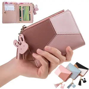 Pink Women Credit Card Purse Money Bag PU Leather Bifold Wallets Multi-Slots Tassels Zipper Portable