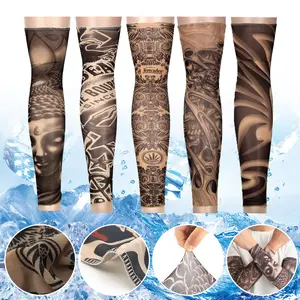 5 Pcs Men's Cooling Arm Sleeves Long Fingerless Arm Cover Anti Slip UV Sun Protection Sports Temporary Tattoo Sleeves