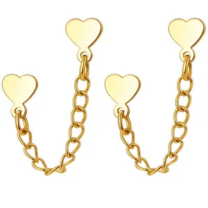 OIDEA Women's Gold Stainless Steel Double Piercing Earrings, Chain-Attached Heart-Connecting Earrings, Chain-Attached Earrings