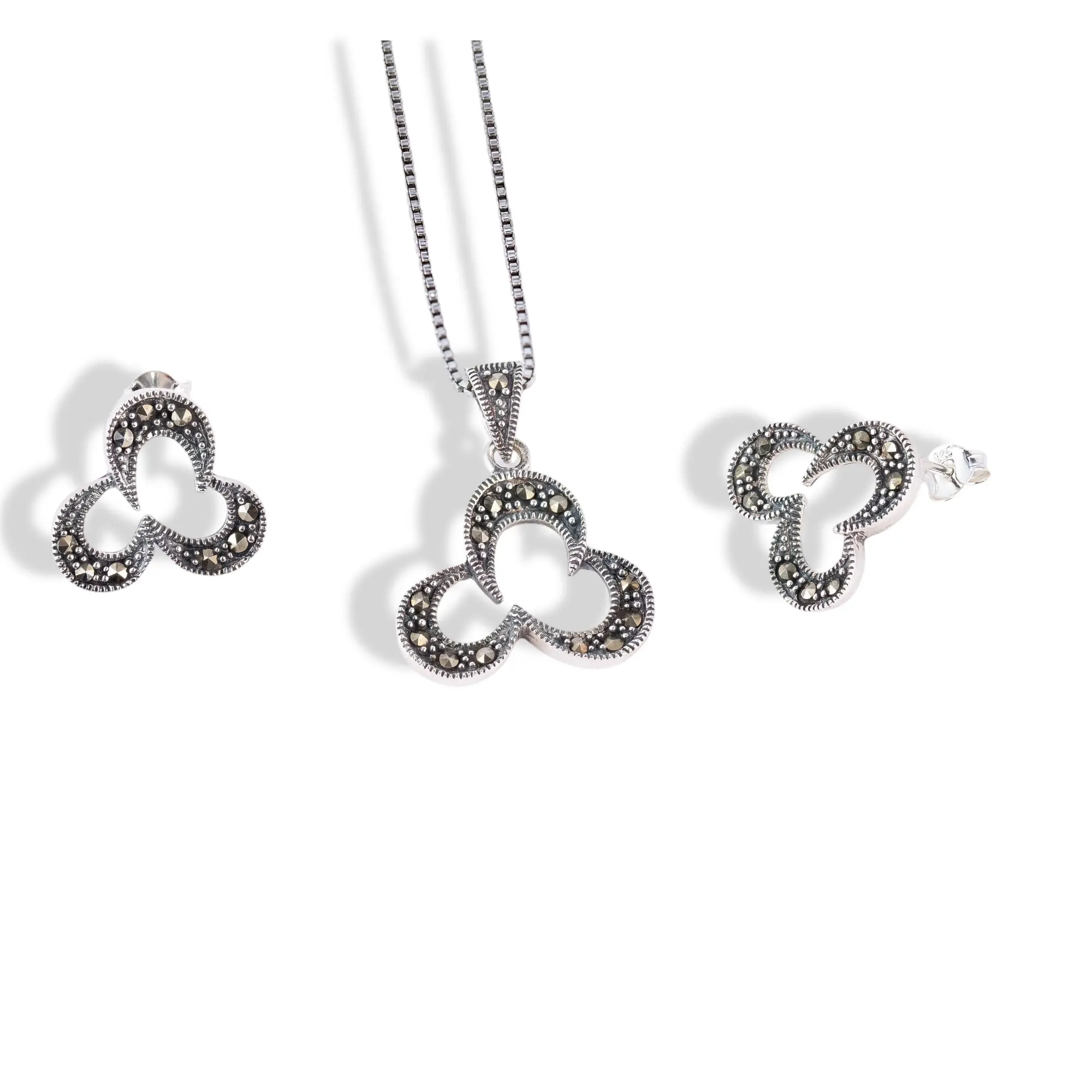 Women's 925 Sterling Silver Marcasite Clover Jewelry Set - Multi-size 1mm Box Chain Necklace (16in-18in-20in), Sparkle Earrings for Everyday Wear, Clover Shape