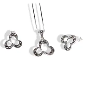 925 Sterling Silver Marcasite Clover Jewelry Set – Necklace 16” 18” 20” (1mm Box Chain) + Earrings