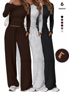 2026 Women's 2 Piece Matching Lounge Set, Long Sleeve Slightly Crop Top & Wide Leg Pants, Casual Sweatsuit for Comfortable Wear