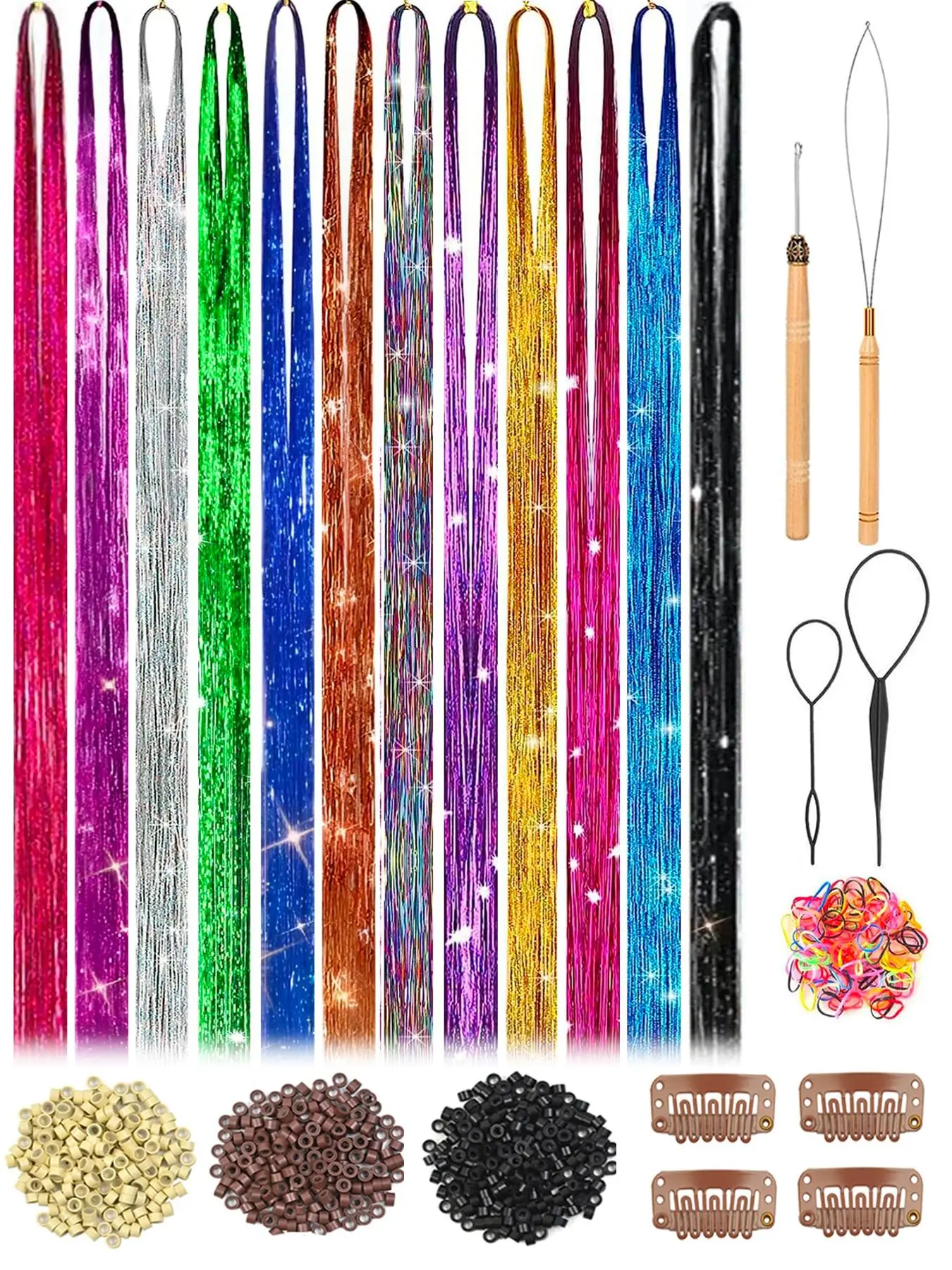 Glitter Hair Tinsel Kit, 12 Mixed Color Fluffy Hair Pieces with Tools, Heat Friendly Synthetic Extensions, Straight Synthetic Hairpieces for Women & Kids