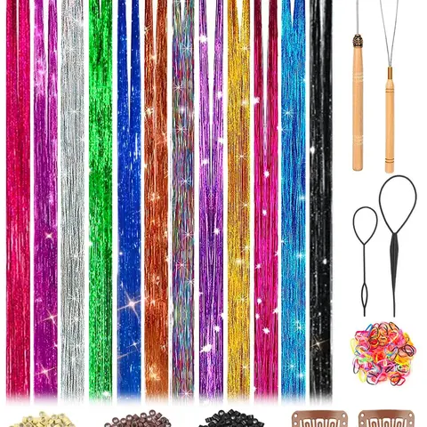 Glitter Hair Tinsel Kit, 12 Mixed Color Fluffy Hair Pieces with Tools, Heat Friendly Synthetic Extensions for Women & Kids Best Extensions