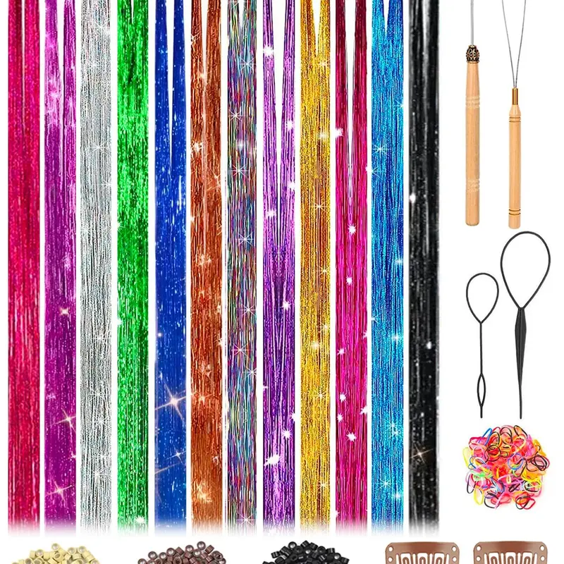 Glitter Hair Tinsel Kit, 12 Mixed Color Fluffy Hair Pieces with Tools, Heat Friendly Synthetic Extensions for Women & Kids Best Extensions