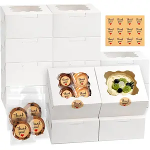 12 Pcs Cookie Boxes with Window, 6x6x3 Inches White Bakery Boxes, Treat Boxes with 50 Pcs Cookie Bags and 12 Pcs Stickers, for Dessert Pastry Chocolate Strawberries Macarons Donut Cupcake