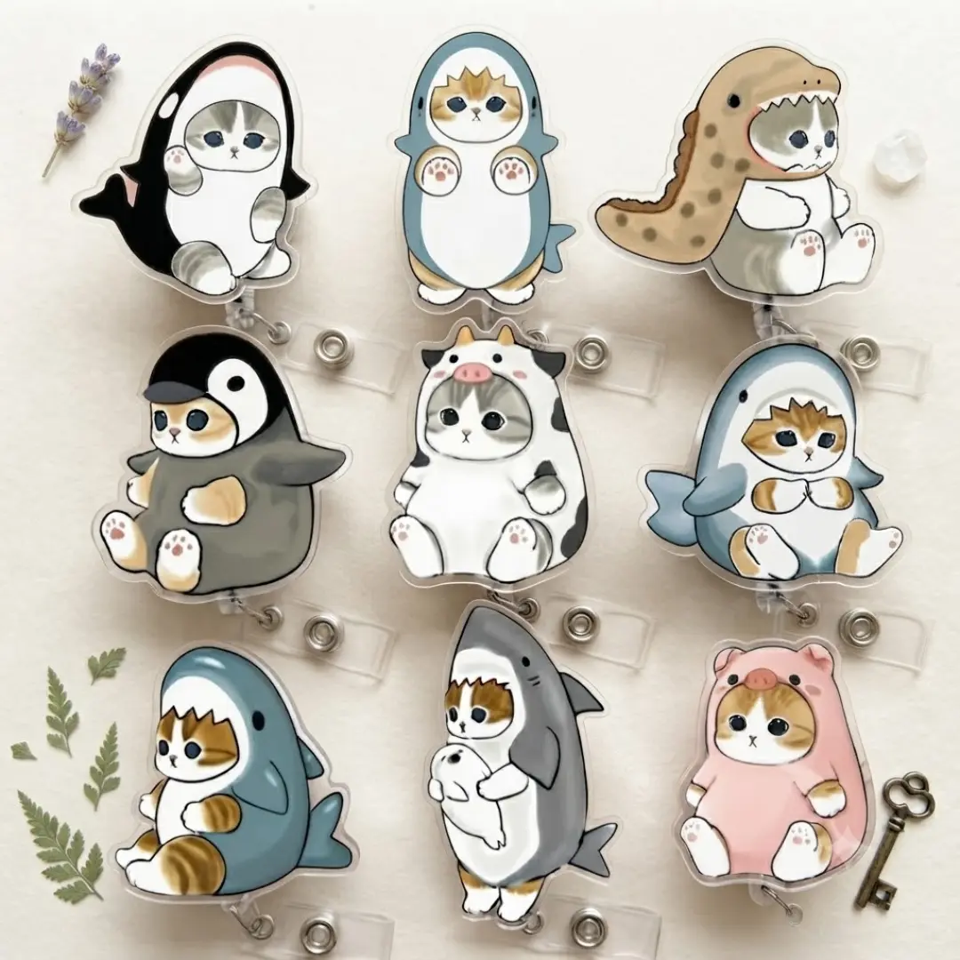 Cat Costume Badge Reel Cute Kitten Animal Cosplay Shark Dinosaur Penguin Retractable ID Badge Holder for Nurses Teachers Vet Gift